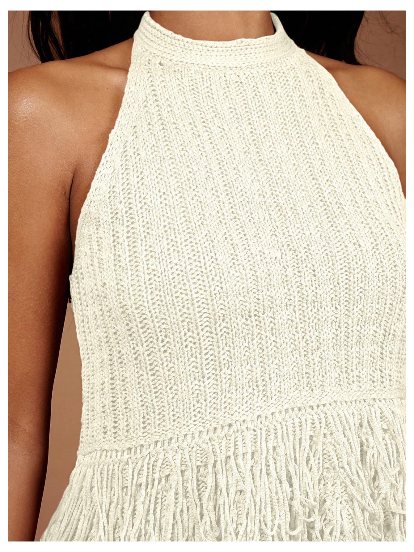 SweatyRocks Women's Boho Fringe Halter Tops Sleeveless Open Back Summer Knit Crochet Tank Top