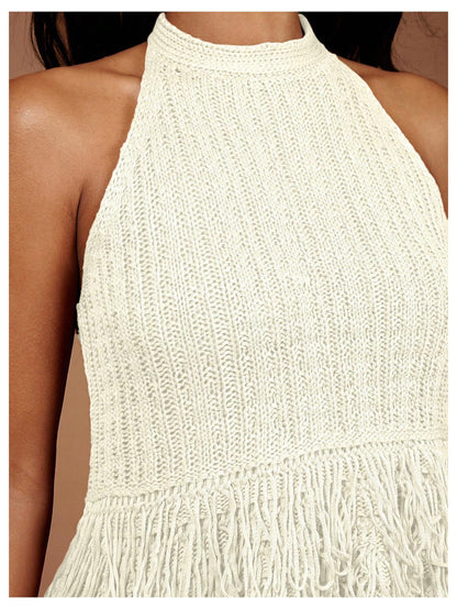 SweatyRocks Women's Boho Fringe Halter Tops Sleeveless Open Back Summer Knit Crochet Tank Top