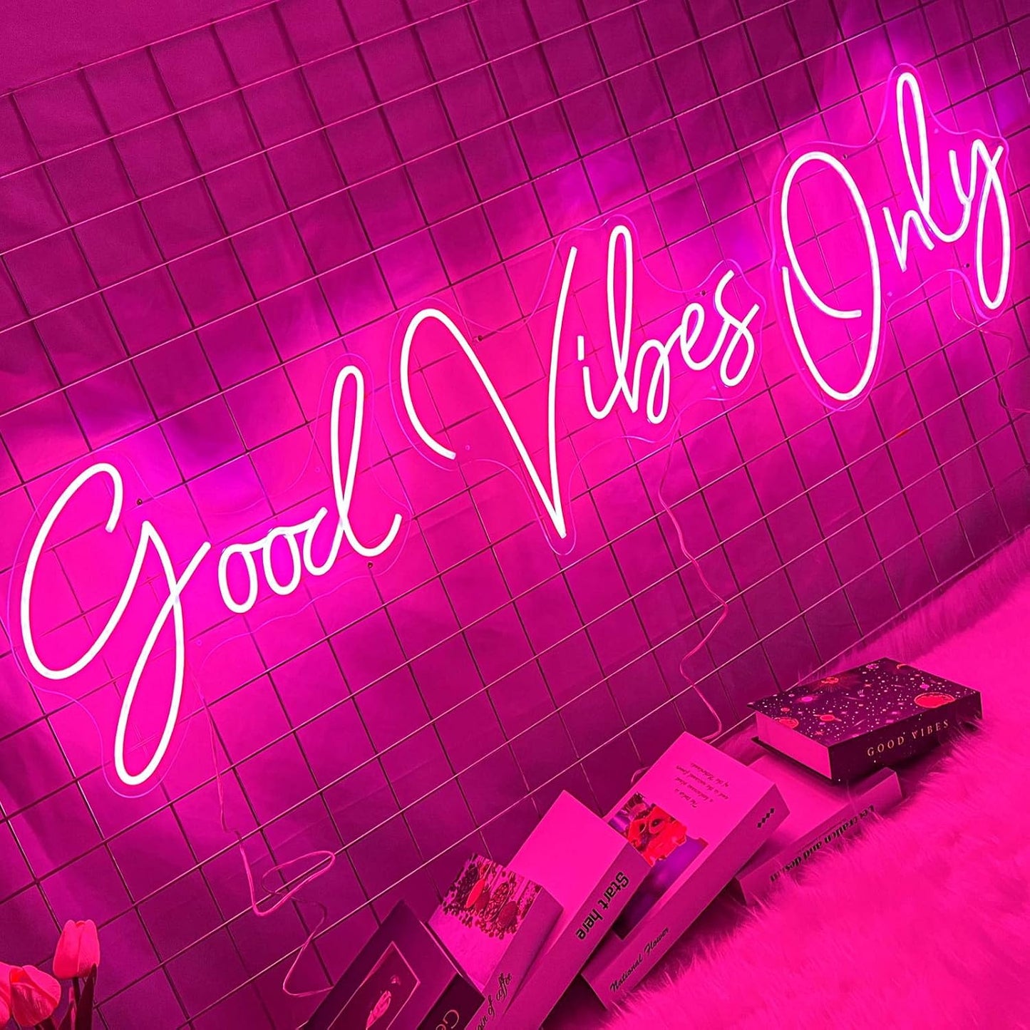 Large Good Vibes Only Neon Signs for Wall Decor -56.57" x 13.5" Pink