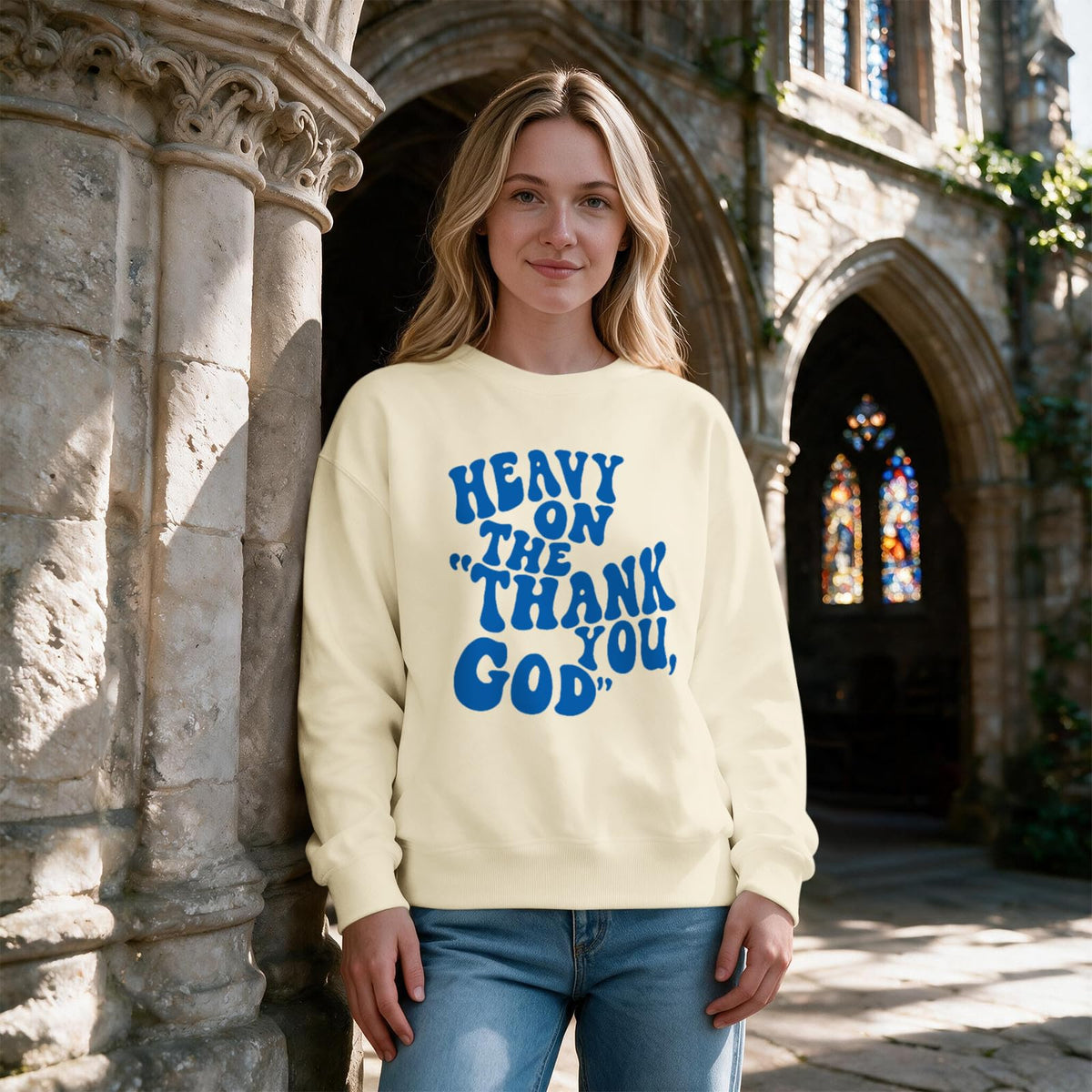 BeWithYou Heavy On The Thank You God Graphic Crewneck Inspirational Pullover