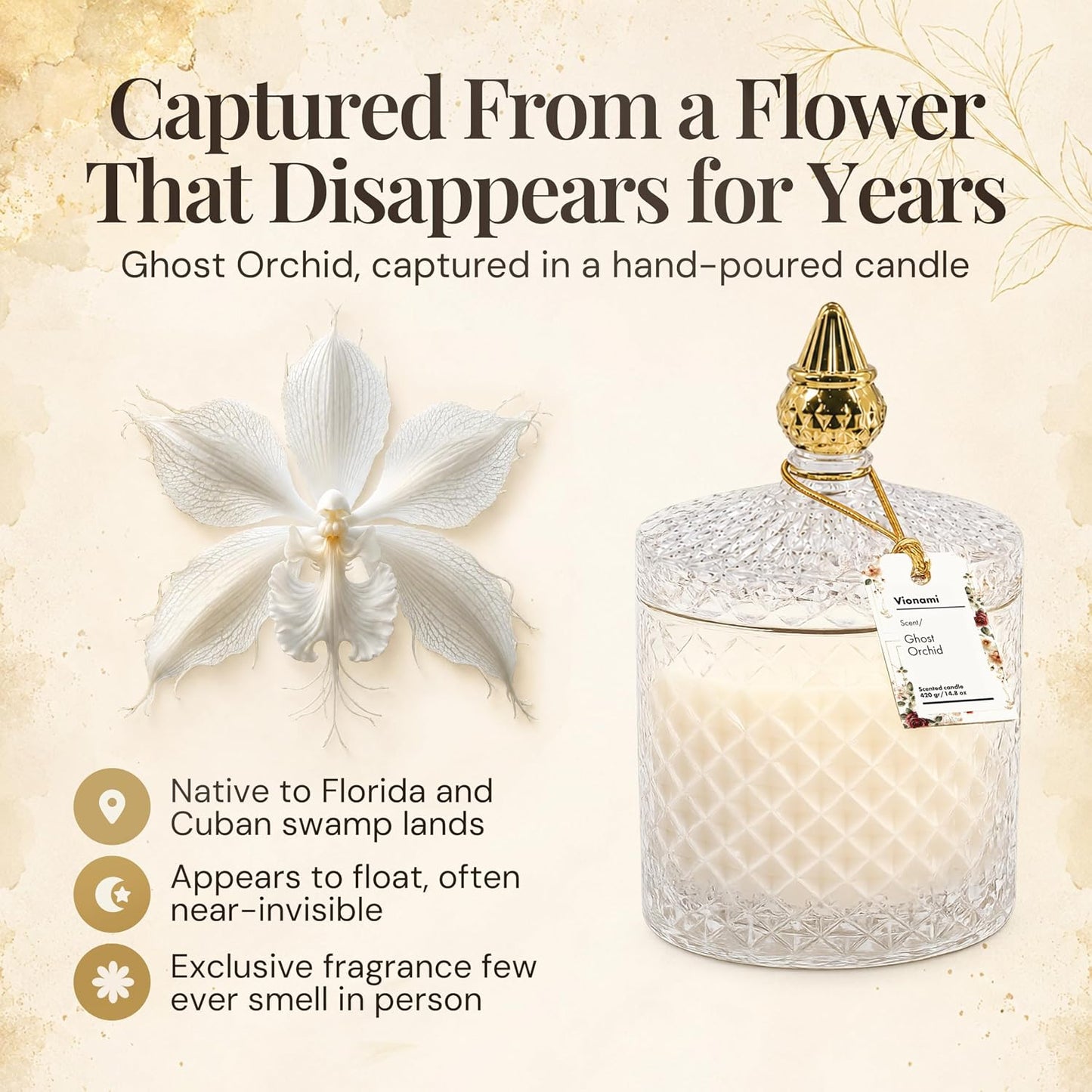 VIONAMI Ghost Orchid Rare Flower Fragrance Luxury Scented Candle Gift | Decorative Soy Candles Birthday Gifts for Women, Elegant Glass Jar, 14.8oz, 80Hr Long Lasting Burn, Luxury Candles for Women
