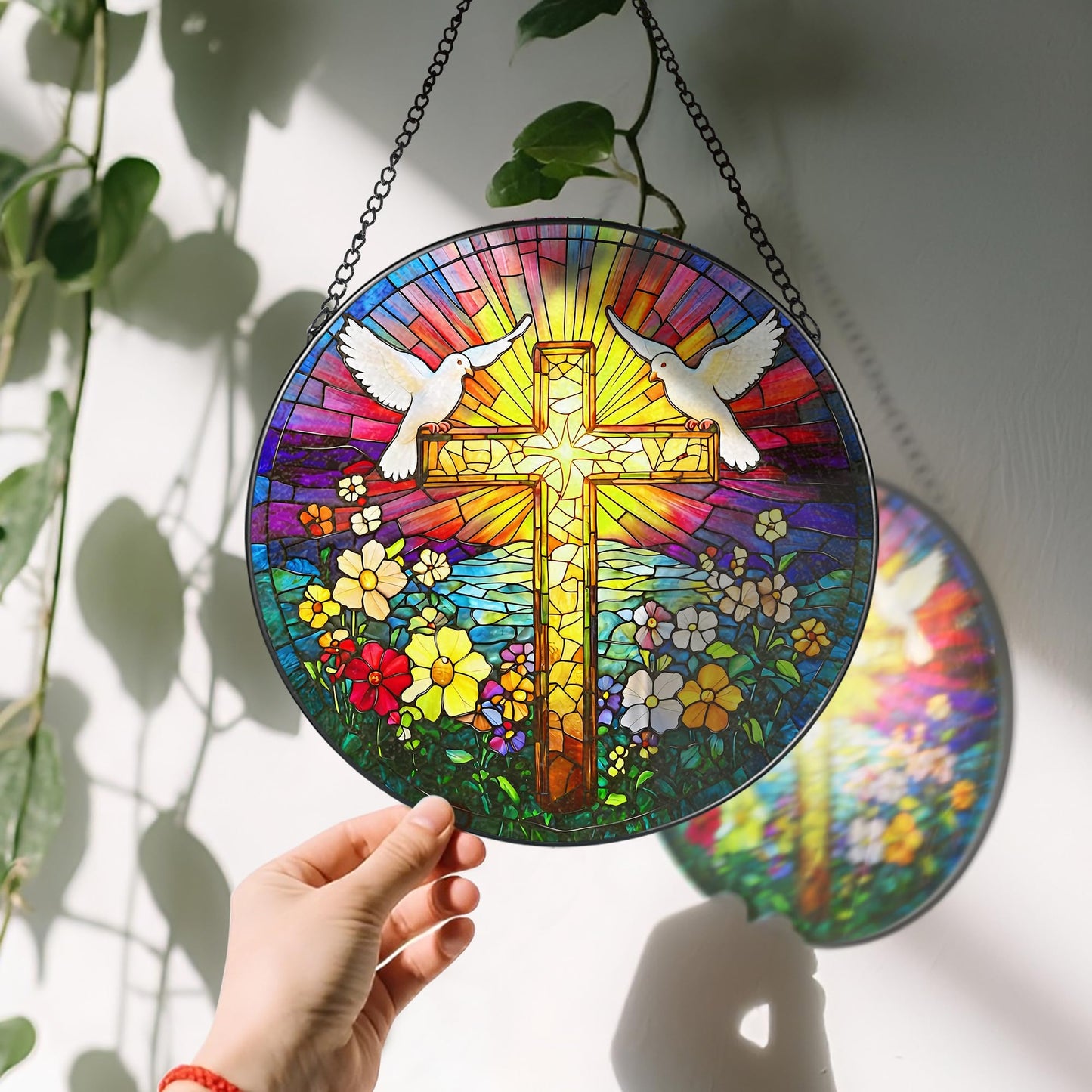 8-Inch Jesus with Cardinals Suncatcher Ornament, Stained Glass Window Hanging & Religious Christmas Ornament, Christian Window Decor — Memorial Gift, Christian Gifts for Her, Religious Gifts