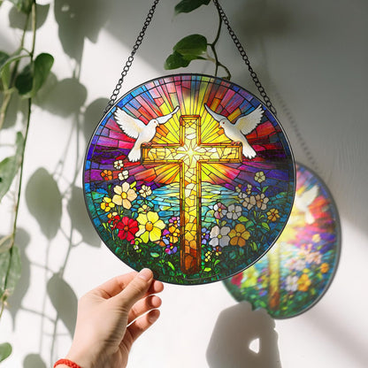 8-Inch Jesus with Cardinals Suncatcher Ornament, Stained Glass Window Hanging & Religious Christmas Ornament, Christian Window Decor — Memorial Gift, Christian Gifts for Her, Religious Gifts