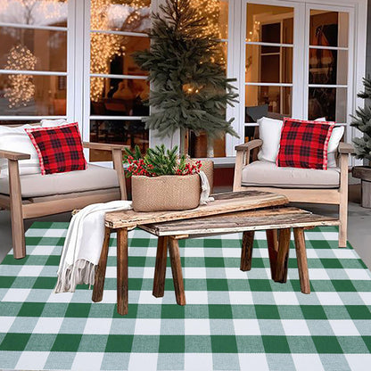 Christmas Door Mat Outdoor 35.4''x59'' Buffalo Plaid Christmas Decor Rug Cotton Hand-Woven Layered Door Mats Washable Carpet for Front Porch, Kitchen, Farmhouse, Entryway