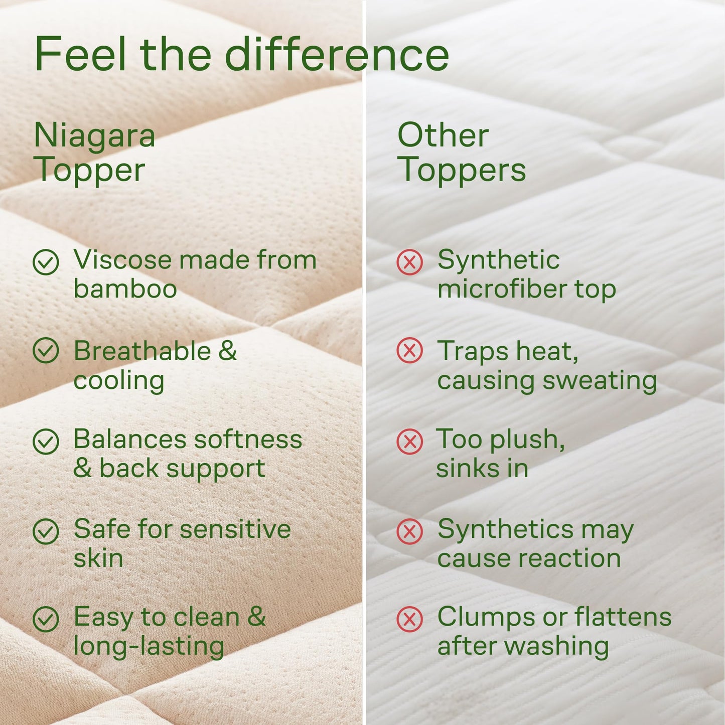 Niagara Sleep Solution Ultra Soft Queen Size Mattress Topper - Rayon Derived from Bamboo Pillow Top Mattress Pad for Back Pain Relief - Naturally Cooling for Hot Sleepers, Green