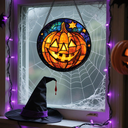 Stained Glass Window Hanging, Halloween Decorations Evil Pumpkin Suncatcher for Doors Garden Indoor Spooky Funny Orange Sun Catchers Gothic Decor Horror Gifts for Women Men Friend 15 in
