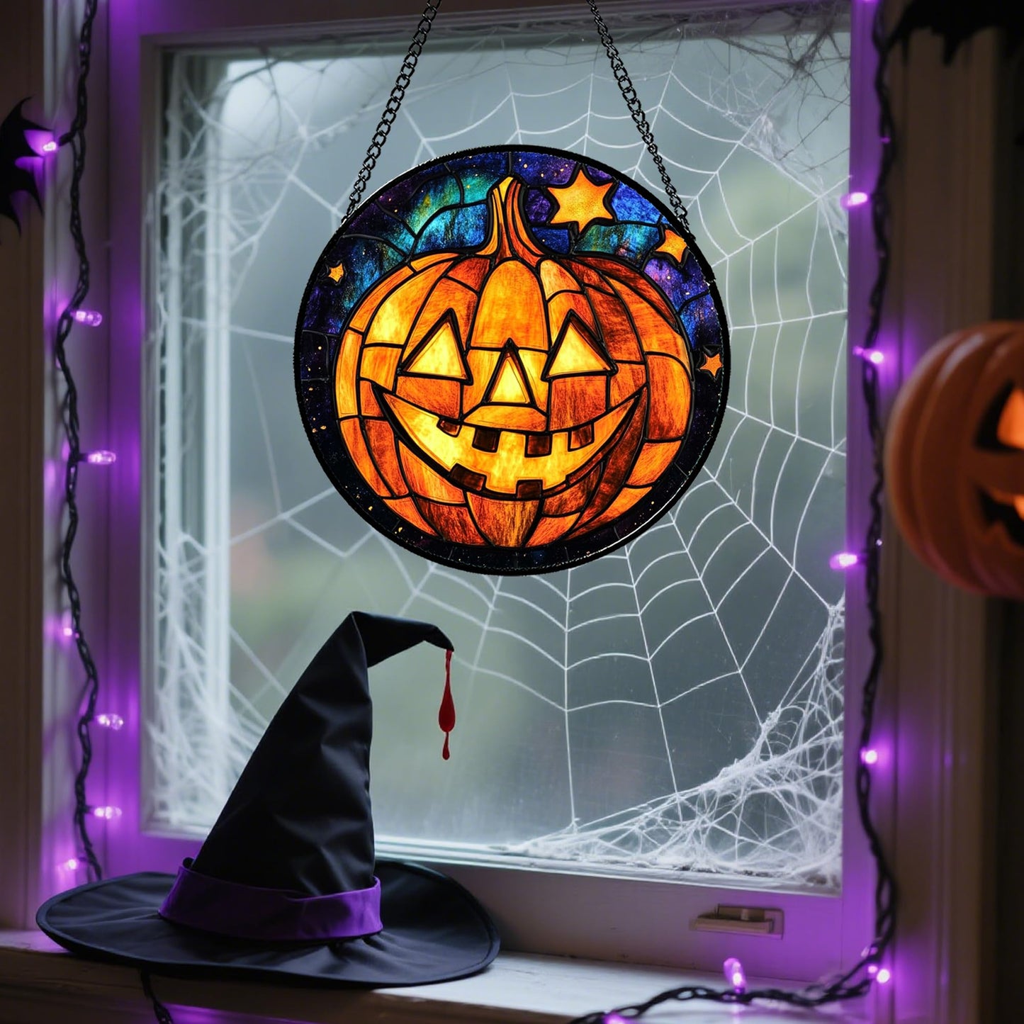 Stained Glass Window Hanging, Halloween Decorations Evil Pumpkin Suncatcher for Doors Garden Indoor Spooky Funny Orange Sun Catchers Gothic Decor Horror Gifts for Women Men Friend 15 in