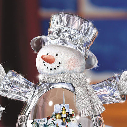 Thomas Kinkade White Christmas Crystal Snowman, Handcrafted Figurine with Lighted Village and Moving Train, Bradford Exchange Collectible