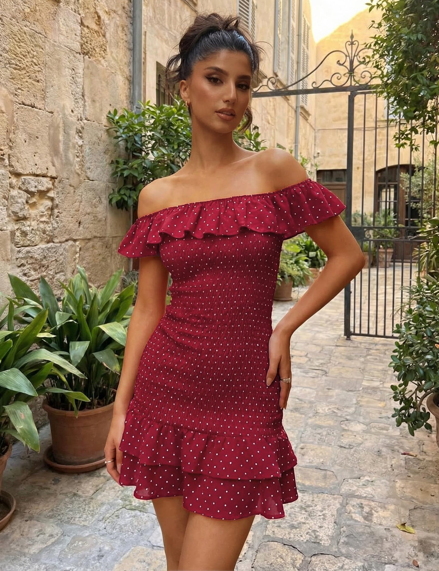 FOMELY Women's Polka Dot Off Shoulder Mini Dress Summer Ruffle Hem Smocked Bodycon Vacation Short Dresses 2026