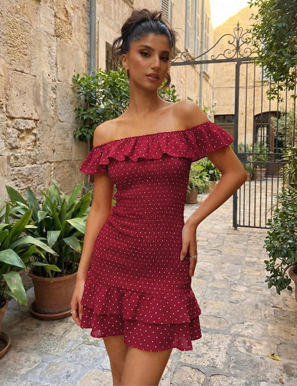 FOMELY Women's Polka Dot Off Shoulder Mini Dress Summer Ruffle Hem Smocked Bodycon Vacation Short Dresses 2026