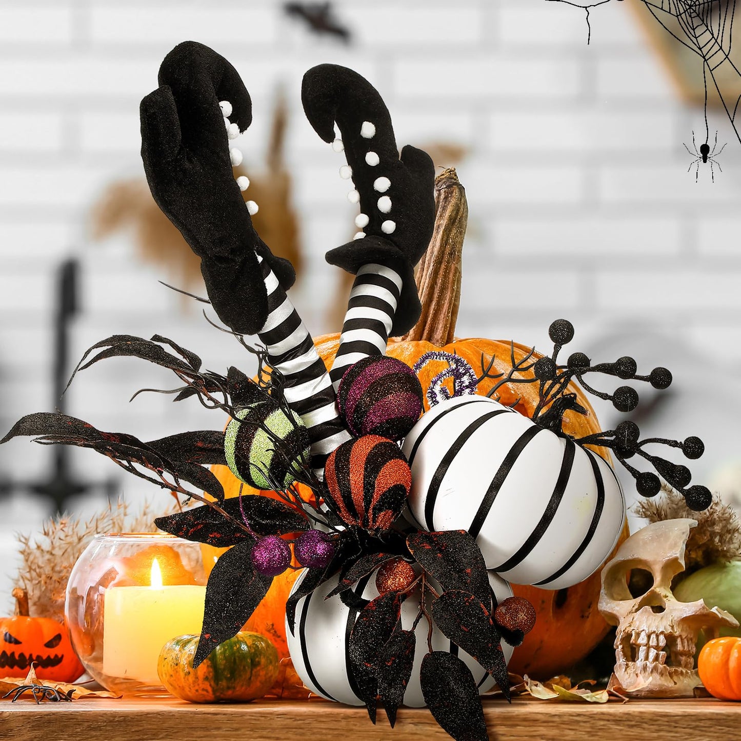 Daifunli Halloween Table Centerpieces Decorations Witch Boot and Pumpkin Artificial Flowers Halloween Tabletop Decorations for Home Kitchen Indoor Haunted Party Decoration 12x17 Inch