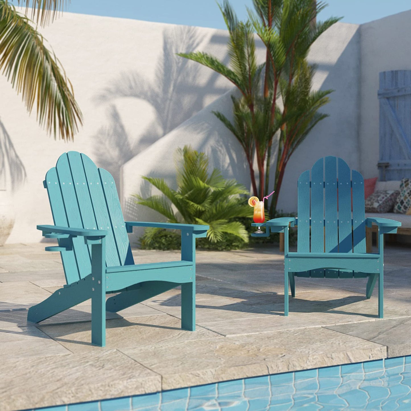LUE BONA HDPS Adirondack Chairs Set, Fire Pit Outdoor Chair Weather Resistant with Cup Holder, Modern Plastic Chair Plastic for Patio, Deck, Proch, 350LBS, 4 Set, Dark Brown