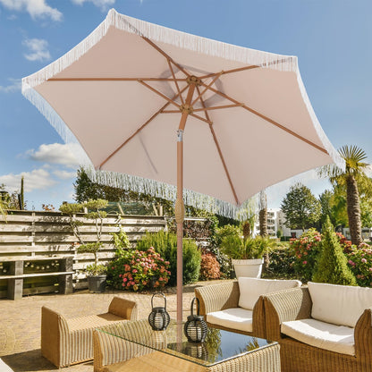 GDY 7.5ft Tassel Patio Umbrella and Matching Base, Outdoor Table Umbrella with 18 LED Lights,Market Umbrella with 6 Sturdy Ribs, with Push Button Tilt and Crank, Bright White