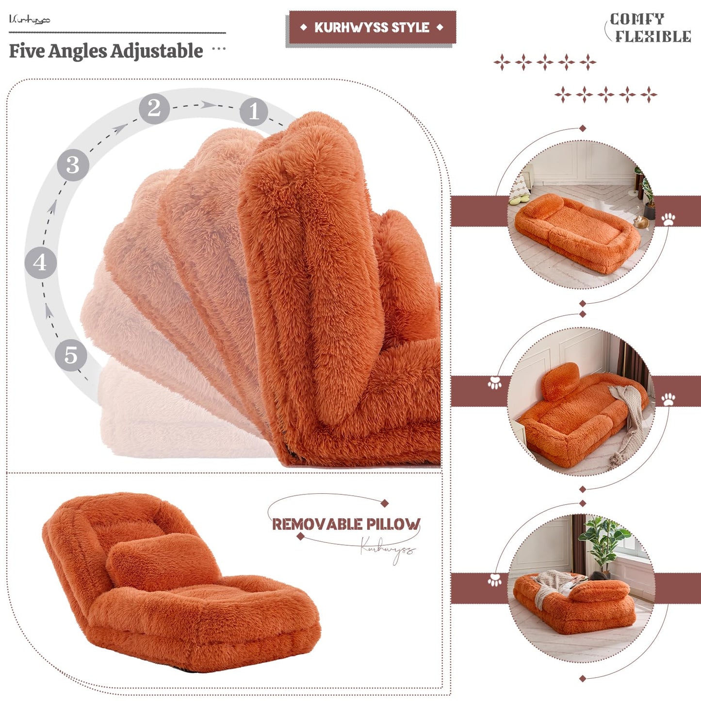 Upholstered Convertible Lounge Chair with 2 Soft Pillows