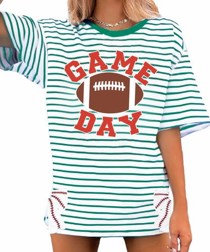 Football Shirts for Women Oversize Game Day T-Shirts Bow Side Split T-Shirt | Football Season Graphic Tee Tops Oversize Football Graphic Short Sleeve Tee Top