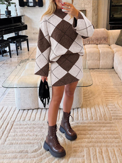 Cicy Bell Women Mock Neck Argyle Sweater 2 Piece Outfits Mini Skirt Sets