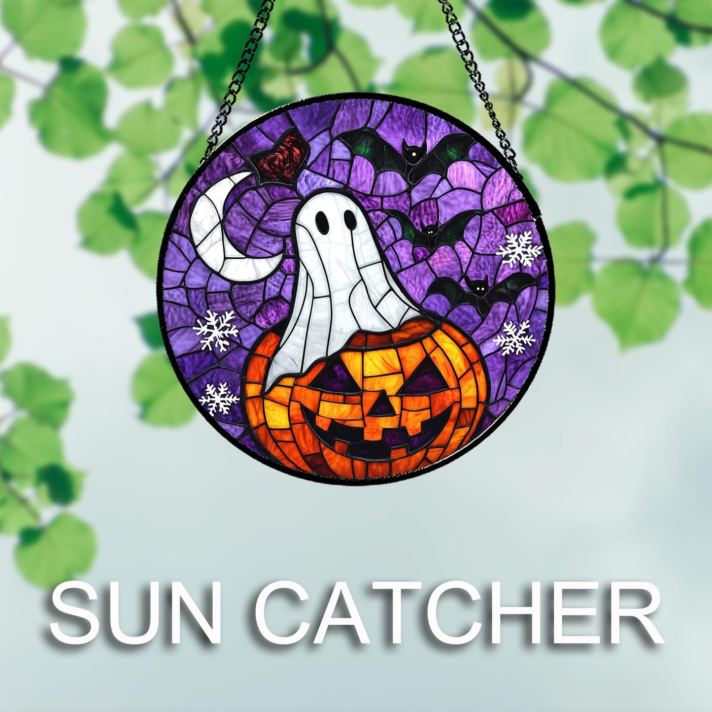 Stained Glass Window Hanging, Halloween Decorations Evil Pumpkin Suncatcher for Doors Garden Indoor Spooky Funny Orange Sun Catchers Gothic Decor Horror Gifts for Women Men Friend 15 in