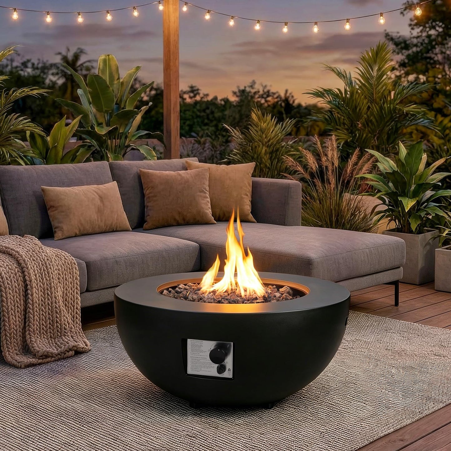 31.5 Inch Round Propane Fire Pit Table - Concrete Round Fire Bowl 50,000 BTU Natural Gas Firepit Burner with Steel Lid, Lava Rocks, Waterproof Cover for Outside Patio, Backyard, Party