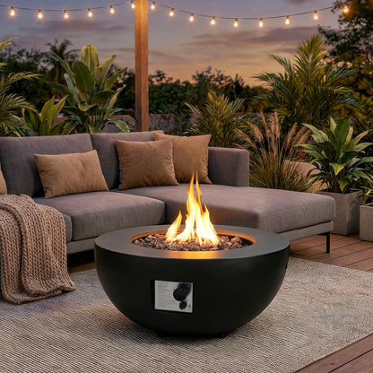 31.5 Inch Round Propane Fire Pit Table - Concrete Round Fire Bowl 50,000 BTU Natural Gas Firepit Burner with Steel Lid, Lava Rocks, Waterproof Cover for Outside Patio, Backyard, Party