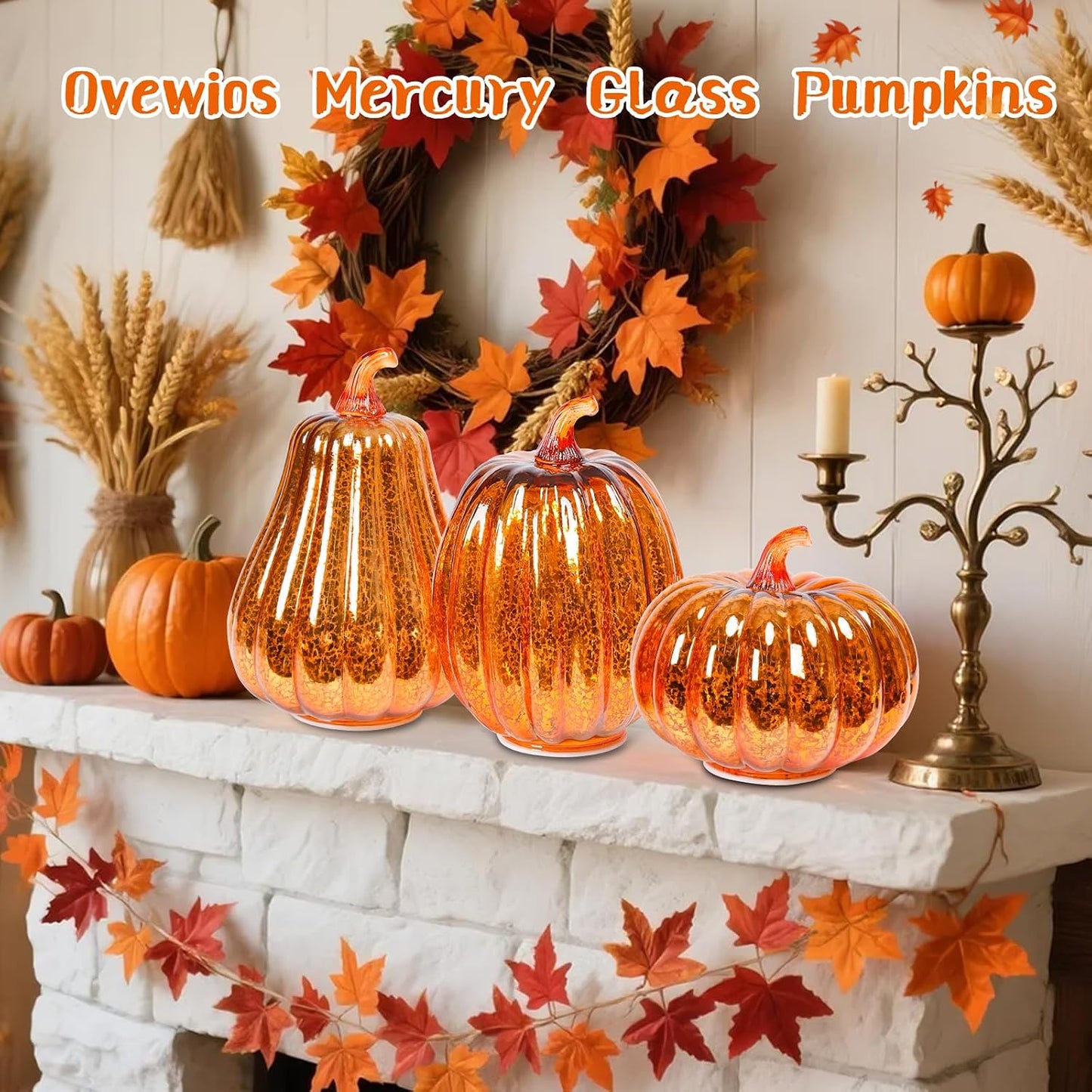 Mercury Glass Pumpkin Lights with Timer, Fall Pumpkins Lamps Tabletop Centerpiece Decorations Autumn Thanksgiving Home Halloween Decor, 3PCS