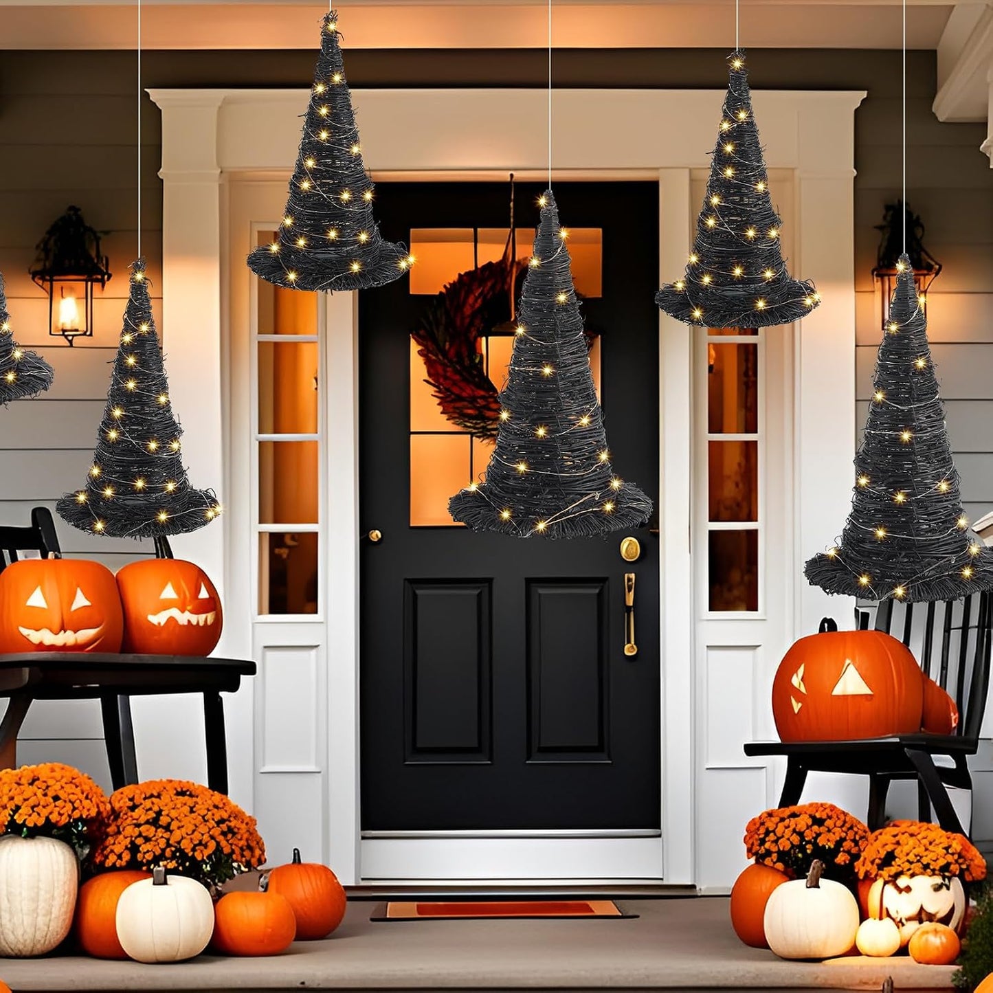 Leinuosen 2 Pcs Halloween Rattan Witch Hat Decor with String Lights Wicker Wizard Hats Woven Witch Hat for Indoor Outdoor Halloween Party Supplies Home Bedroom Garden Patio Backyard Decoration