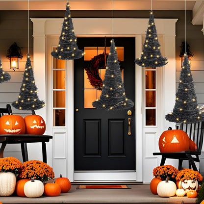 Leinuosen 2 Pcs Halloween Rattan Witch Hat Decor with String Lights Wicker Wizard Hats Woven Witch Hat for Indoor Outdoor Halloween Party Supplies Home Bedroom Garden Patio Backyard Decoration