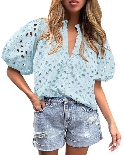 PRETTYGARDEN Womens Tops Boho Eyelet Puff Sleeve Blouse