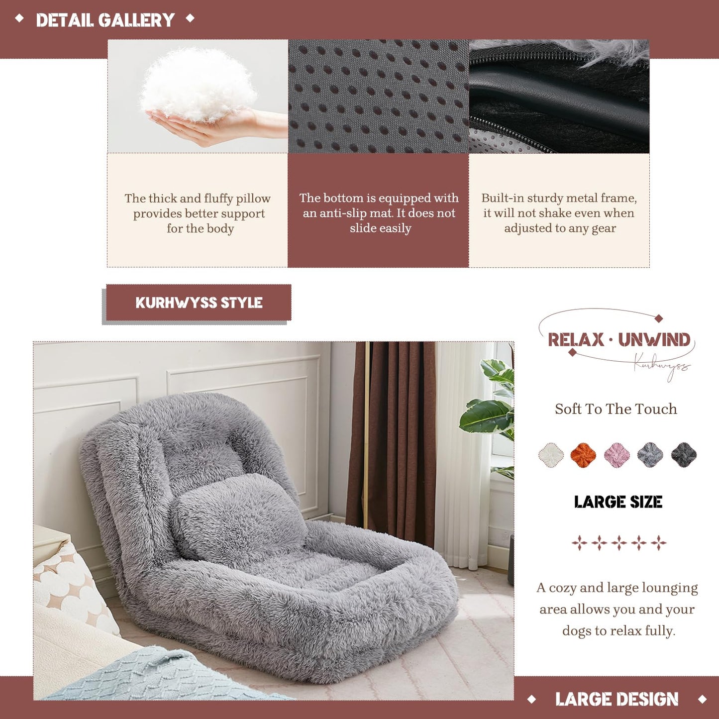 Upholstered Convertible Lounge Chair with 2 Soft Pillows