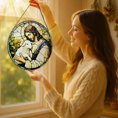 8-Inch Jesus with Cardinals Suncatcher Ornament, Stained Glass Window Hanging & Religious Christmas Ornament, Christian Window Decor — Memorial Gift, Christian Gifts for Her, Religious Gifts