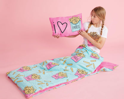 iscream Soft Cozy Fleece-Lined Fun Print Girls Sleeping Bag with Pillow | Snuggly, Integrated Handles, All Rolls Together for Ease, Machine Wash, 55" x 25", Fits Ages 4 to 10, Slumber Party Perfect