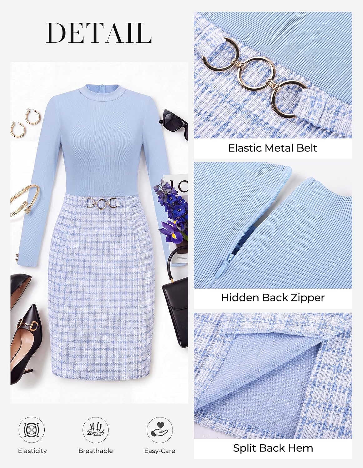 GRACE KARIN Women Long Sleeve Work Business Pencil Tweed Dress