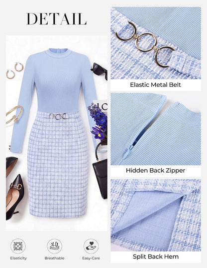 GRACE KARIN Women Long Sleeve Work Business Pencil Tweed Dress