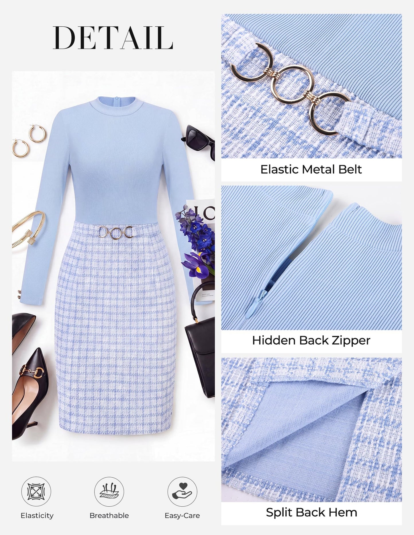 GRACE KARIN Women Long Sleeve Work Business Pencil Tweed Dress