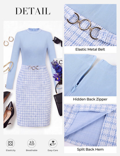 GRACE KARIN Women Long Sleeve Work Business Pencil Tweed Dress