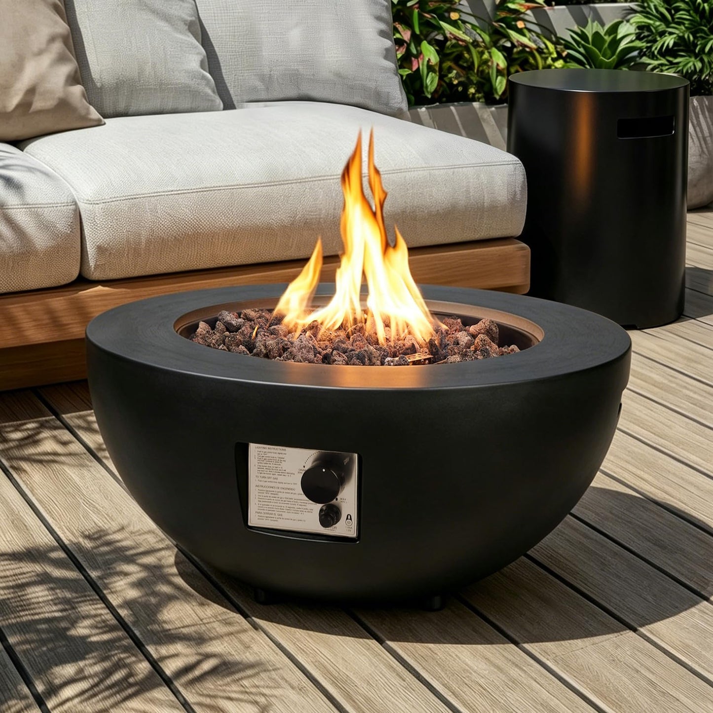 31.5 Inch Round Propane Fire Pit Table - Concrete Round Fire Bowl 50,000 BTU Natural Gas Firepit Burner with Steel Lid, Lava Rocks, Waterproof Cover for Outside Patio, Backyard, Party
