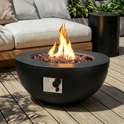 31.5 Inch Round Propane Fire Pit Table - Concrete Round Fire Bowl 50,000 BTU Natural Gas Firepit Burner with Steel Lid, Lava Rocks, Waterproof Cover for Outside Patio, Backyard, Party