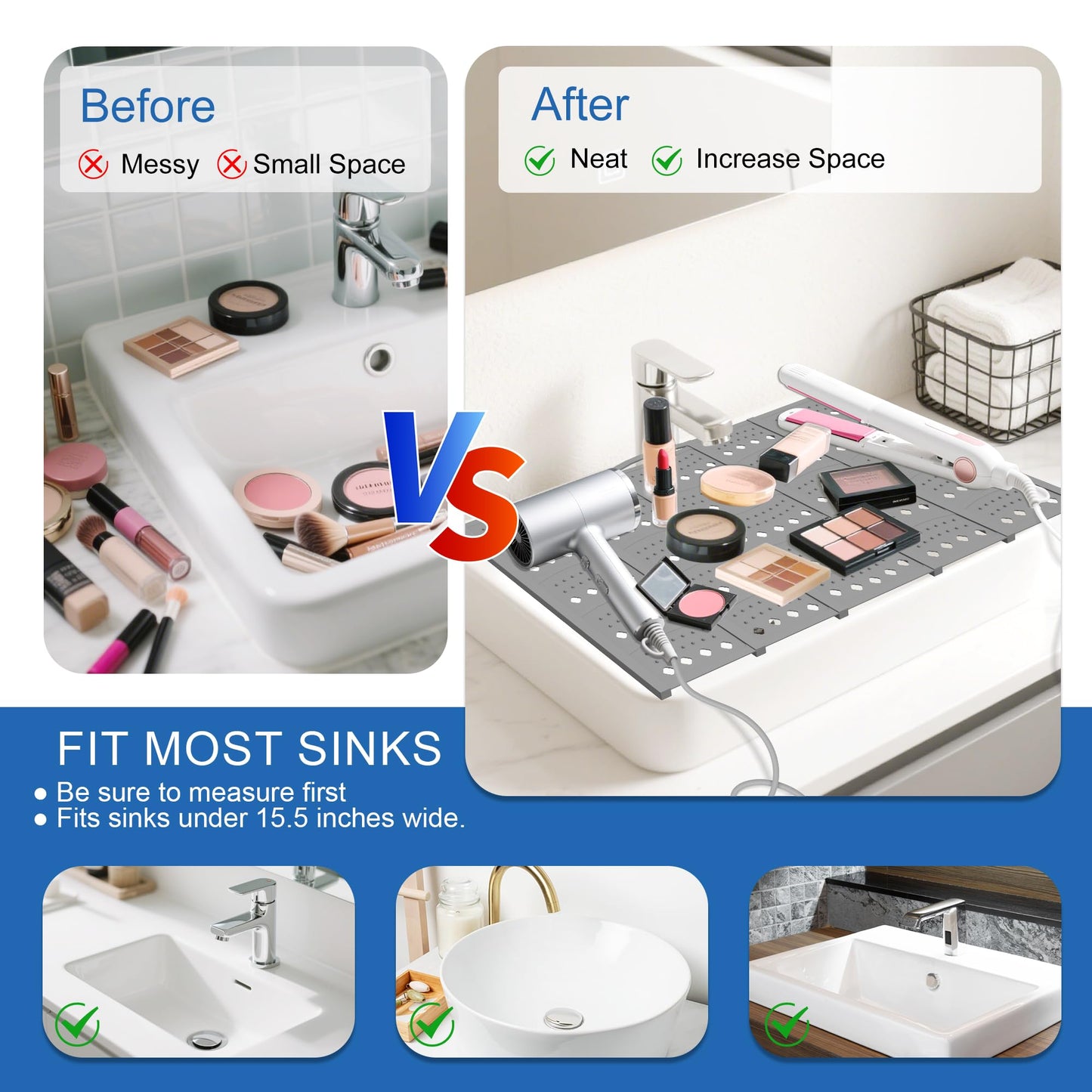 Mofason Bathroom Sink Top Cover Space Saver,Silicone Makeup Organizer Mat for Over Countertop,Small Bathroom Must Haves Accessories Rv Camper Travel Foldable Gadgets-Grey