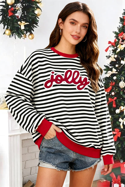 Christmas Sweatshirts For Women Jolly Glitter Patch Striped Sweater