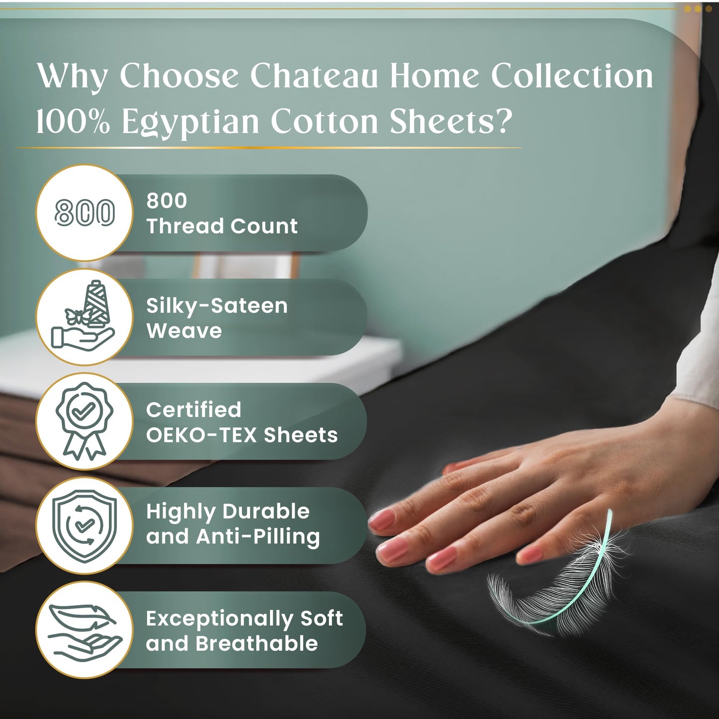 100% Egyptian Cotton Sheets King Size Sheets Set with Fully Elasticated 15" Deep Fitted Sheet & Pillowcase Sets, 800TC Sateen Weave Hotel Collection King Sheet Set, Soft Luxury White Bedding
