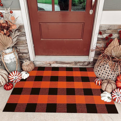 Christmas Door Mat Outdoor 35.4''x59'' Buffalo Plaid Christmas Decor Rug Cotton Hand-Woven Layered Door Mats Washable Carpet for Front Porch, Kitchen, Farmhouse, Entryway