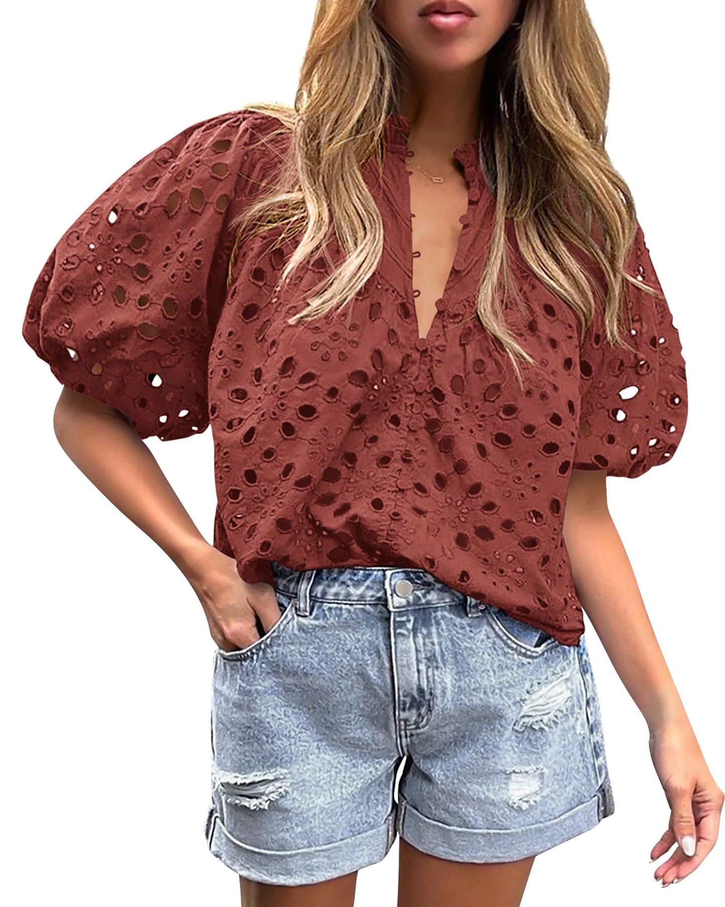 PRETTYGARDEN Womens Tops Boho Eyelet Puff Sleeve Blouse
