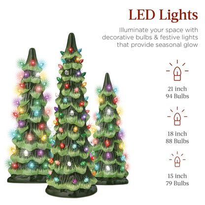 Best Choice Products Set of 3 Ceramic Christmas Trees, Pre-Lit Hand-Painted Tabletop Holiday Decoration w/Multicolor Bulbs, LED Lights – Green