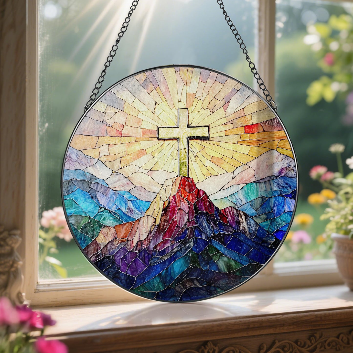 8-Inch Jesus with Cardinals Suncatcher Ornament, Stained Glass Window Hanging & Religious Christmas Ornament, Christian Window Decor — Memorial Gift, Christian Gifts for Her, Religious Gifts