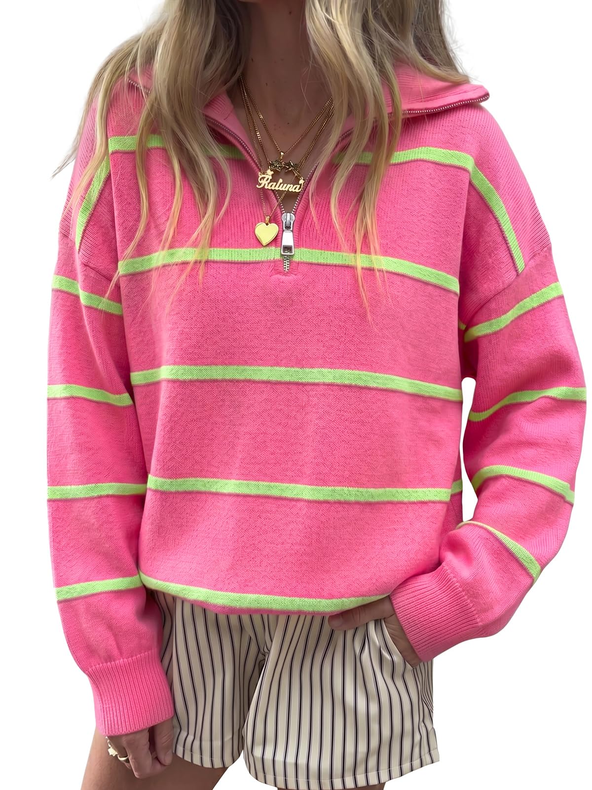 Fisoew Womens Quarter Zip Striped Sweater Oversized Turtleneck Pullover Top