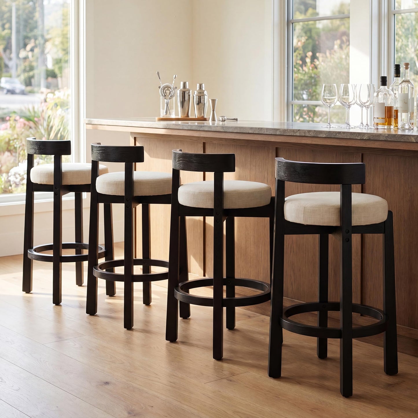 LukeAlon Mid Century Linen Counter Stools Set of 4, Upholstered 26.5” Seat Height Low Barstools with Natural Wood Legs Round Low Back Kitchen Stools with Footrest for Dining Room, Beige