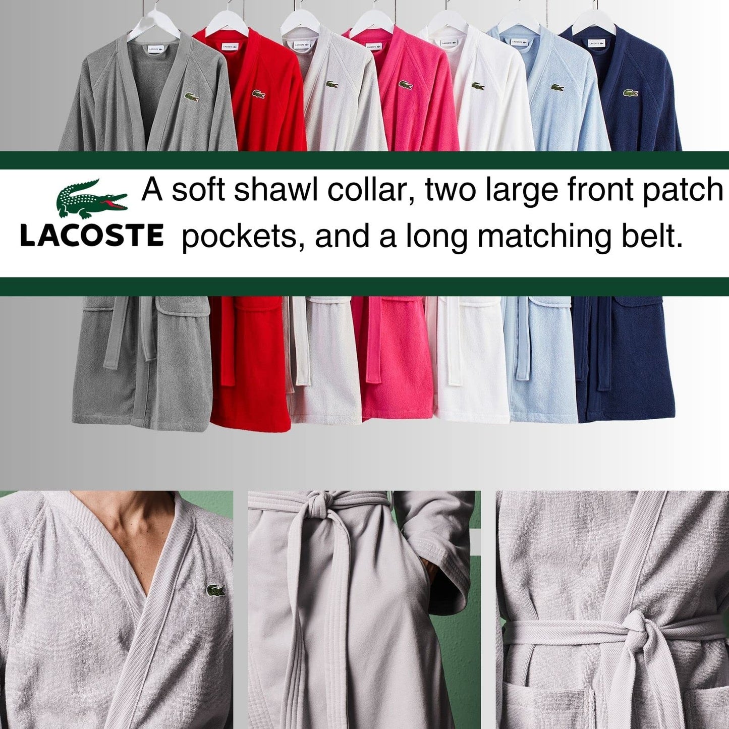 Lacoste Classic Pique Bath Robe, 100% Soft Cotton Terry, Unisex Adult Bathrobe, Absorbent & Quick Drying, One Size Fits Most