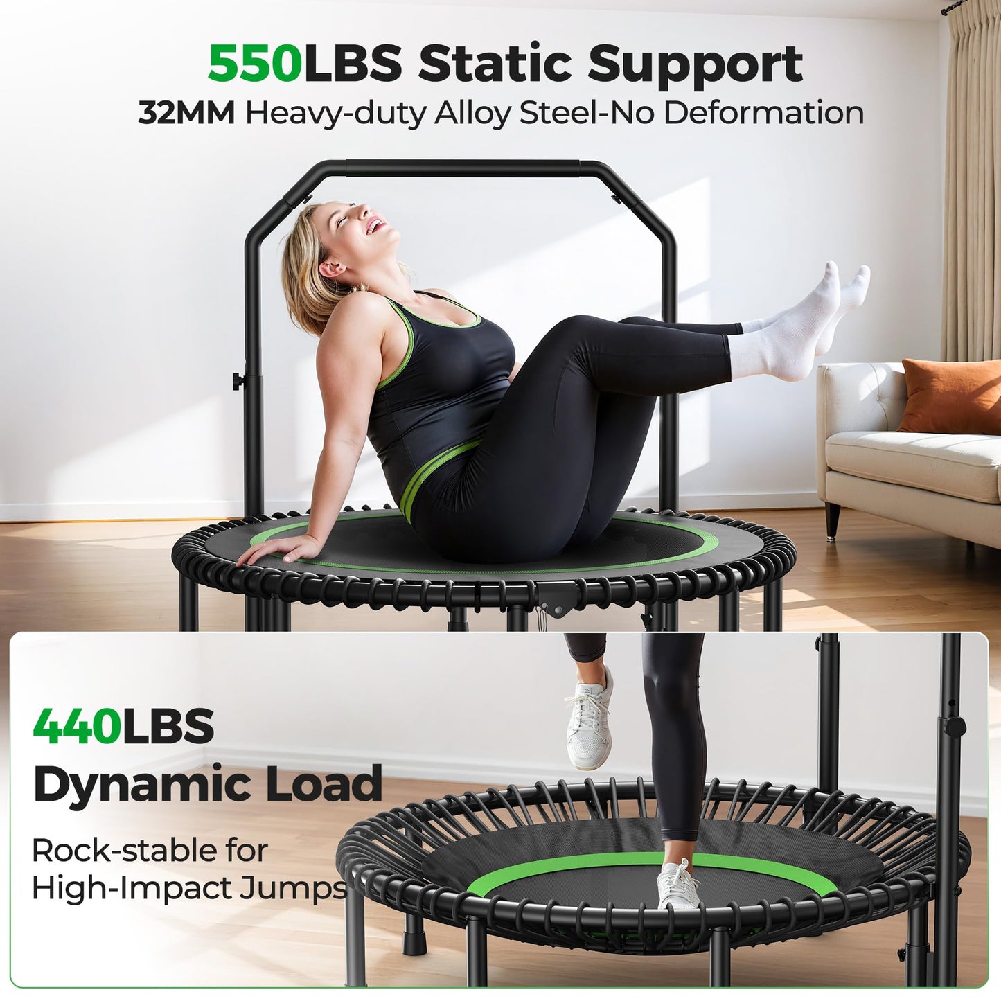 BCAN BT2 450/550LBS Mini Rebounder Trampoline for Adults with Bar, Fitness Trampoline with Bungees, Adjustable Handle, Stable & Quiet, Indoor Outdoor, Whole-Body Workout - 40IN/48IN | FED Fitness