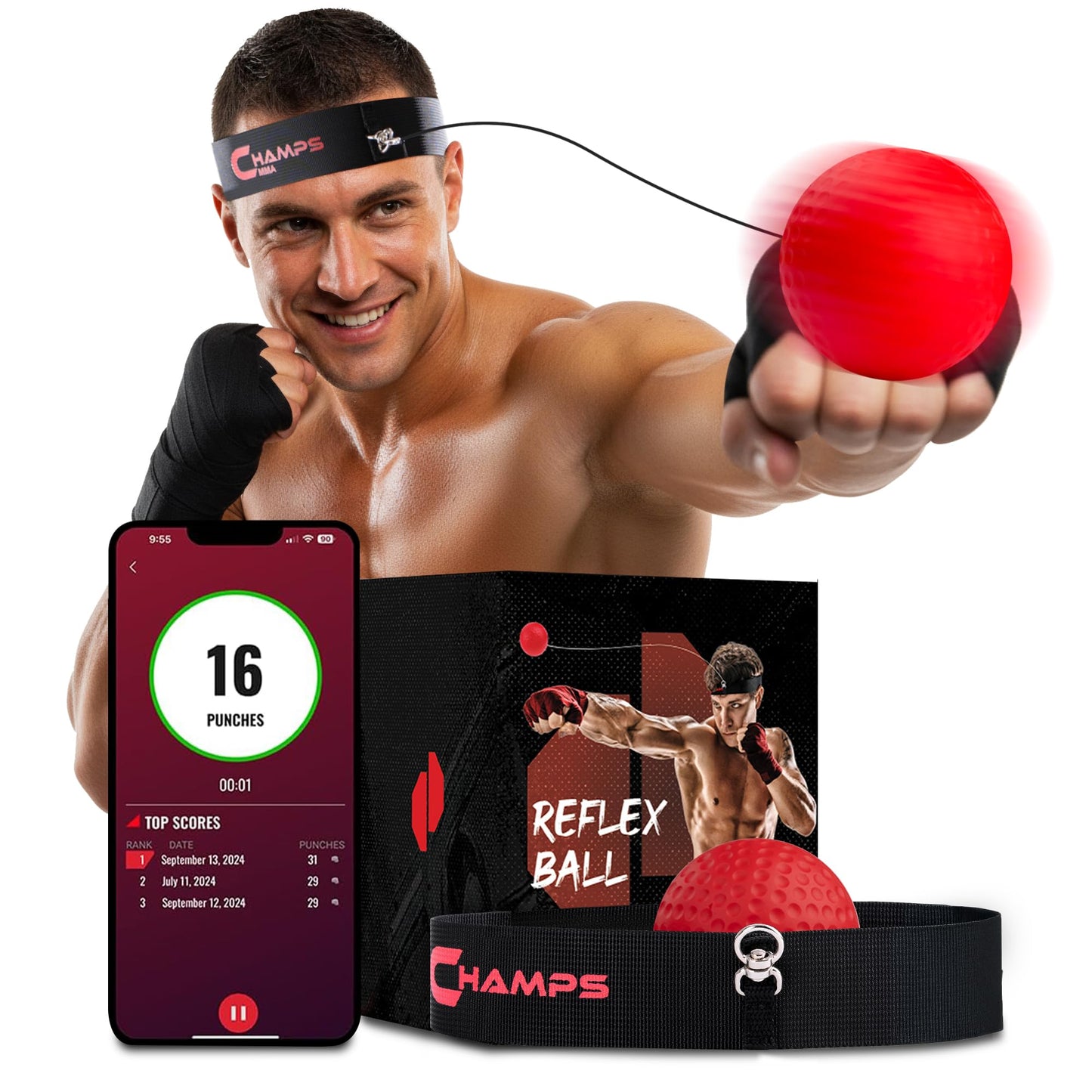 Champs MMA Boxing Reflex Ball Set with Punch Counter App – Hand-Eye Coordination & Speed Training Kit