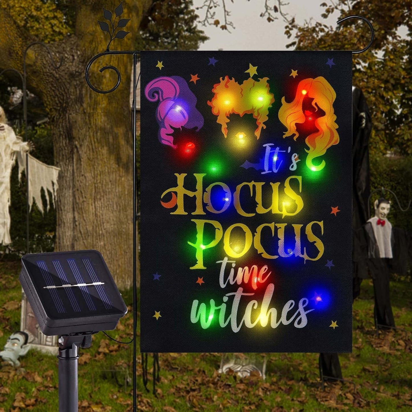 Halloween Lighted Garden Flag for Outside, Led Solar Yard Flag 8 Modes Witch Feet Shape Flag, 28x40 Double Sided Cauldron Eyeball Black Cat Decorations for Home Porch