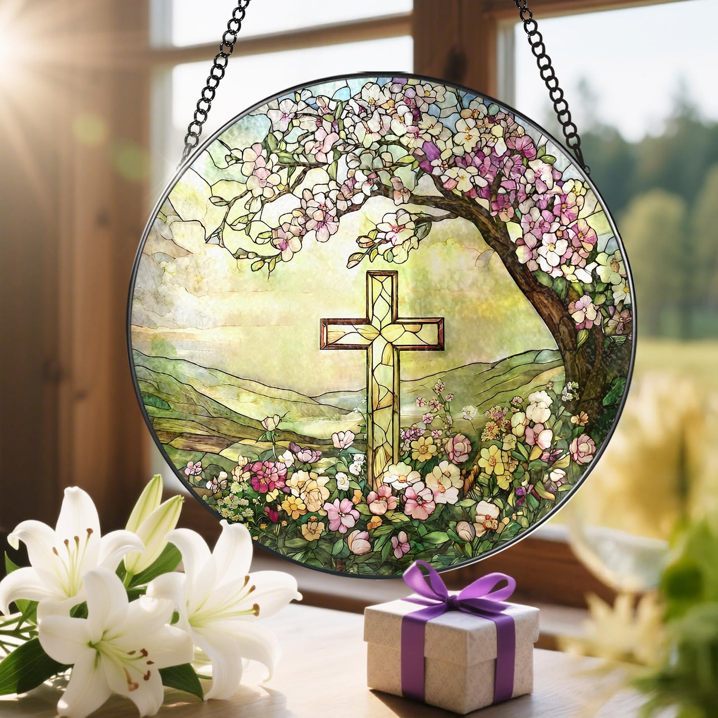 8-Inch Jesus with Cardinals Suncatcher Ornament, Stained Glass Window Hanging & Religious Christmas Ornament, Christian Window Decor — Memorial Gift, Christian Gifts for Her, Religious Gifts